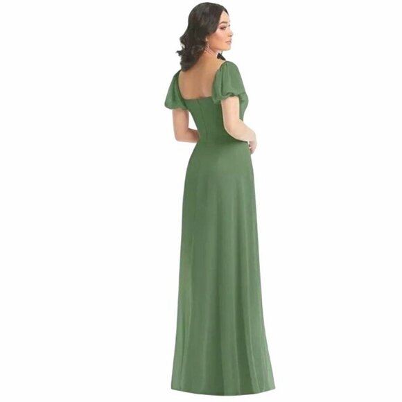 NEW After Six Puff Sleeve Chiffon Maxi Dress w/ Front Slit, Vineyard Green, 14 - Picture 2 of 15